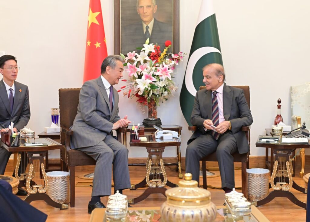 Prime Minister of Pakistan meets Foreign Minister of China Prime Minister Shehbaz Sharif and Chinese Foreign Minister Wang Yi in a high-level meeting at the Prime Minister's House to discuss bilateral relations and CPEC.